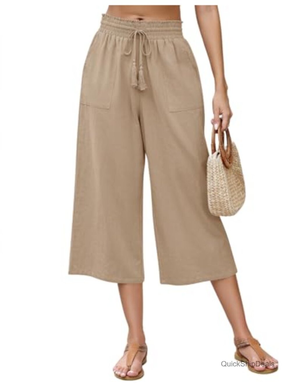 Linen Capri Pants Wide Leg Drawstring Elastic Waist Casual Cropped Yoga Pants